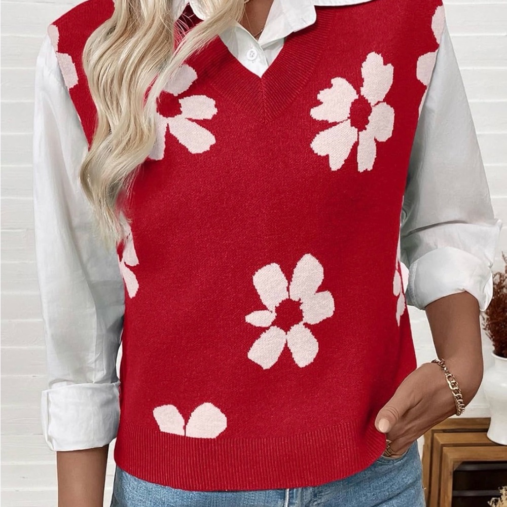 Red Floral V-Neck Sweater Vest - Unbranded can fit L-XXL